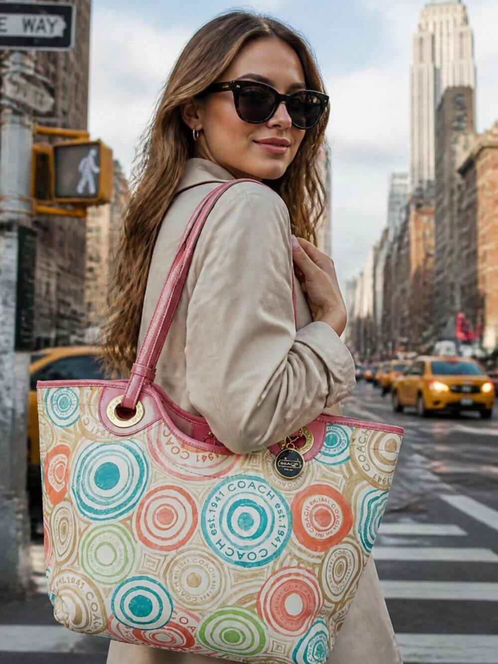 36. Coach Multicolor Logo Zip Top Large Tote Bag Pink Straps Gold Charm Pockets